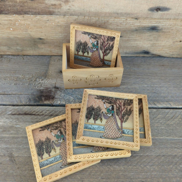 Vintage Set of Five Rajasthan Wood and Glass Coasters - Picture 1 of 11